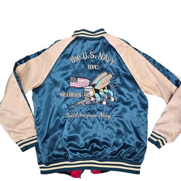 Reversible Satin Bomber Jacket U.S. Navy Seabees Embroidery & Cranes Design M - Picture 7 of 16
